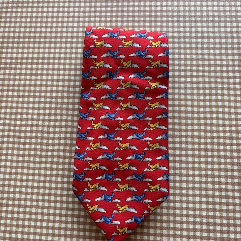 Robert Talbott Silk Print Tie - Airplanes red. Hand‎ sewn Made in USA. Classic